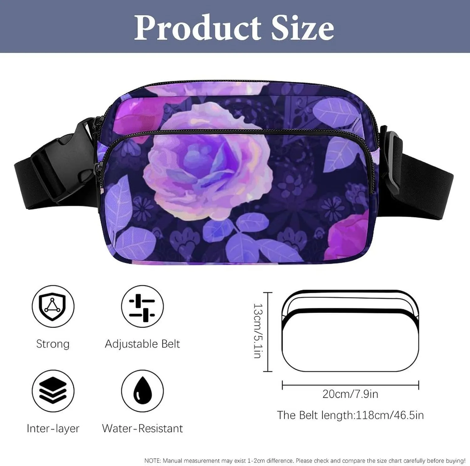 Womens Multi-Function Crossbody Bag Fanny Pack Compatible with Spring Season Trippy Purple Flowers Floral Roses for Workout/Travel/Hiking