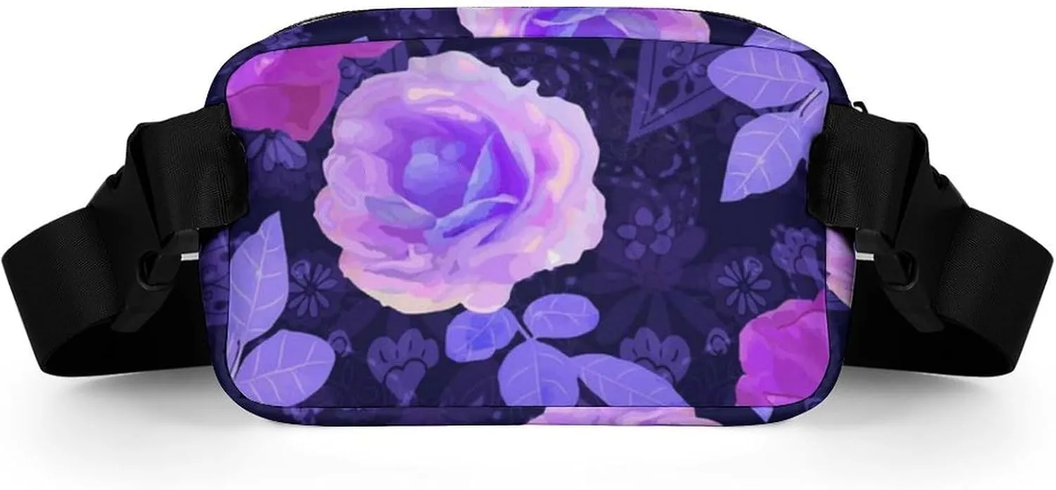 Womens Multi-Function Crossbody Bag Fanny Pack Compatible with Spring Season Trippy Purple Flowers Floral Roses for Workout/Travel/Hiking