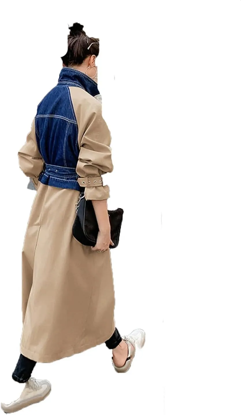 Women's Patchwork Long Denim Trench Coat Lapel Double-Breasted Waist Coat