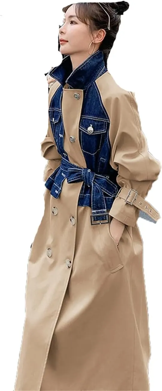 Women's Patchwork Long Denim Trench Coat Lapel Double-Breasted Waist Coat