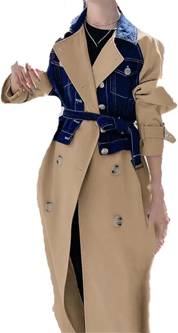 Women's Patchwork Long Denim Trench Coat Lapel Double-Breasted Waist Coat