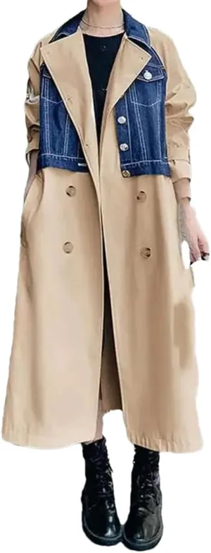 Women's Patchwork Long Denim Trench Coat Lapel Double-Breasted Waist Coat