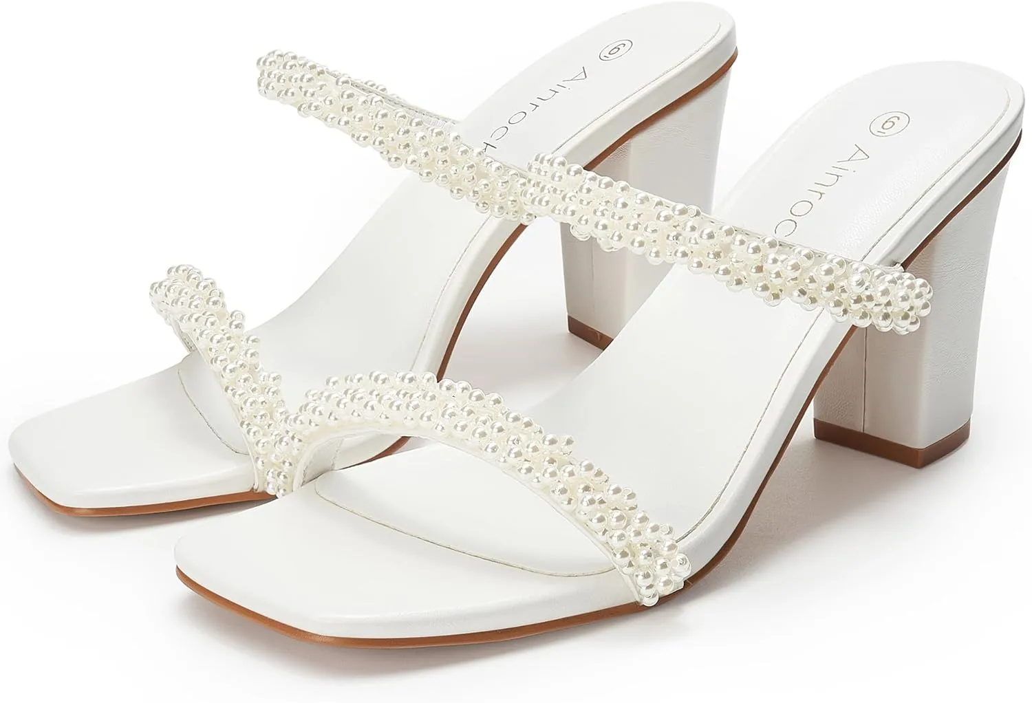 Women's Pearl Heels Chunky Heel Square Toe Two Strap Slip On Block 3.1 Inch Heeled Sandals for Wedding Dress
