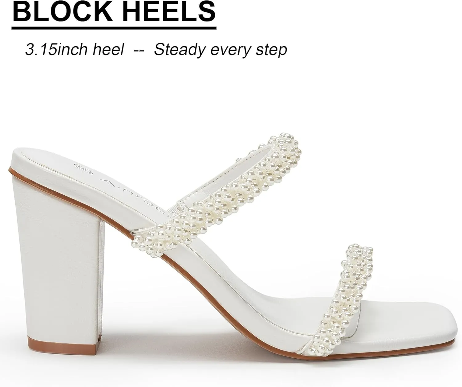 Women's Pearl Heels Chunky Heel Square Toe Two Strap Slip On Block 3.1 Inch Heeled Sandals for Wedding Dress