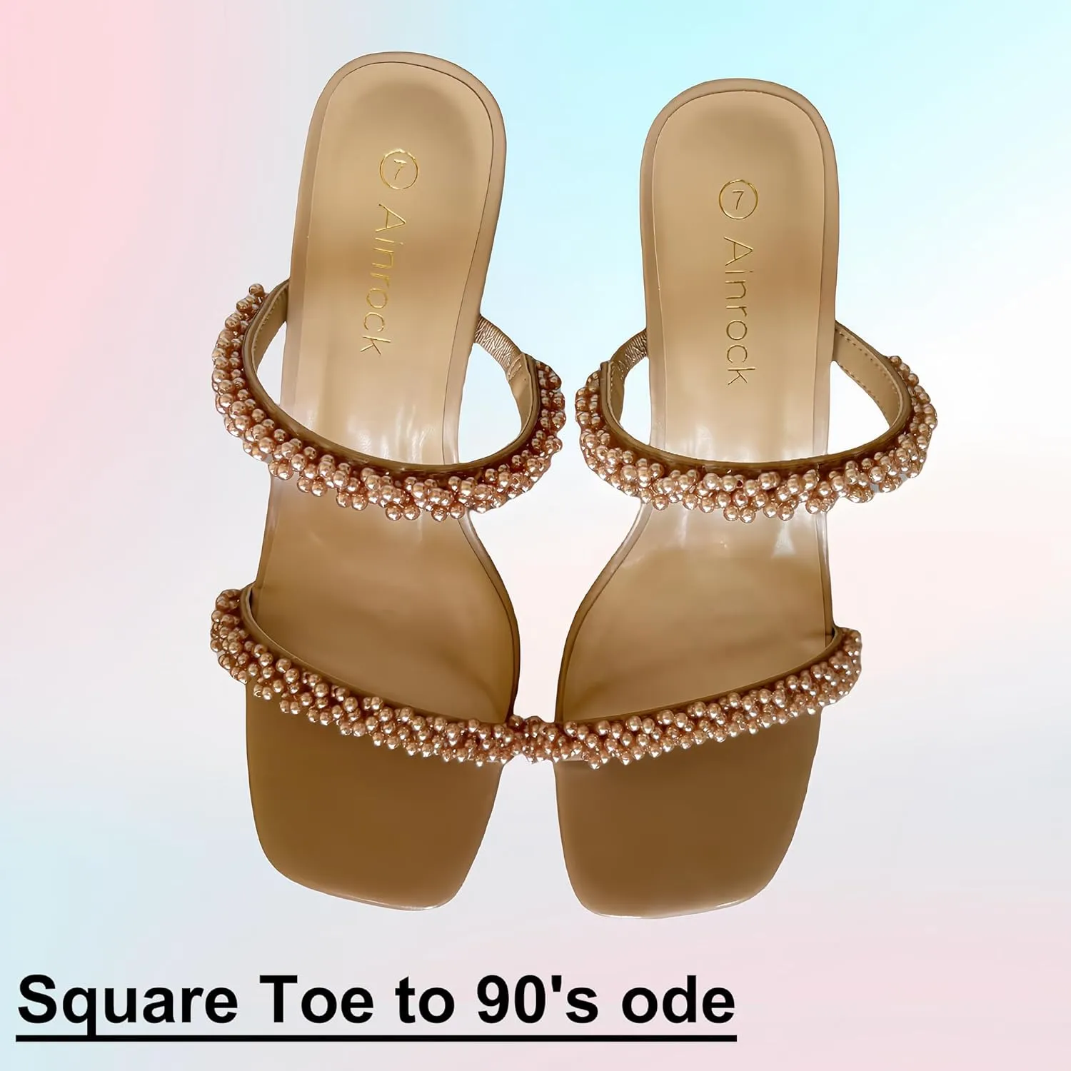 Women's Pearl Heels Chunky Heel Square Toe Two Strap Slip On Block 3.1 Inch Heeled Sandals for Wedding Dress