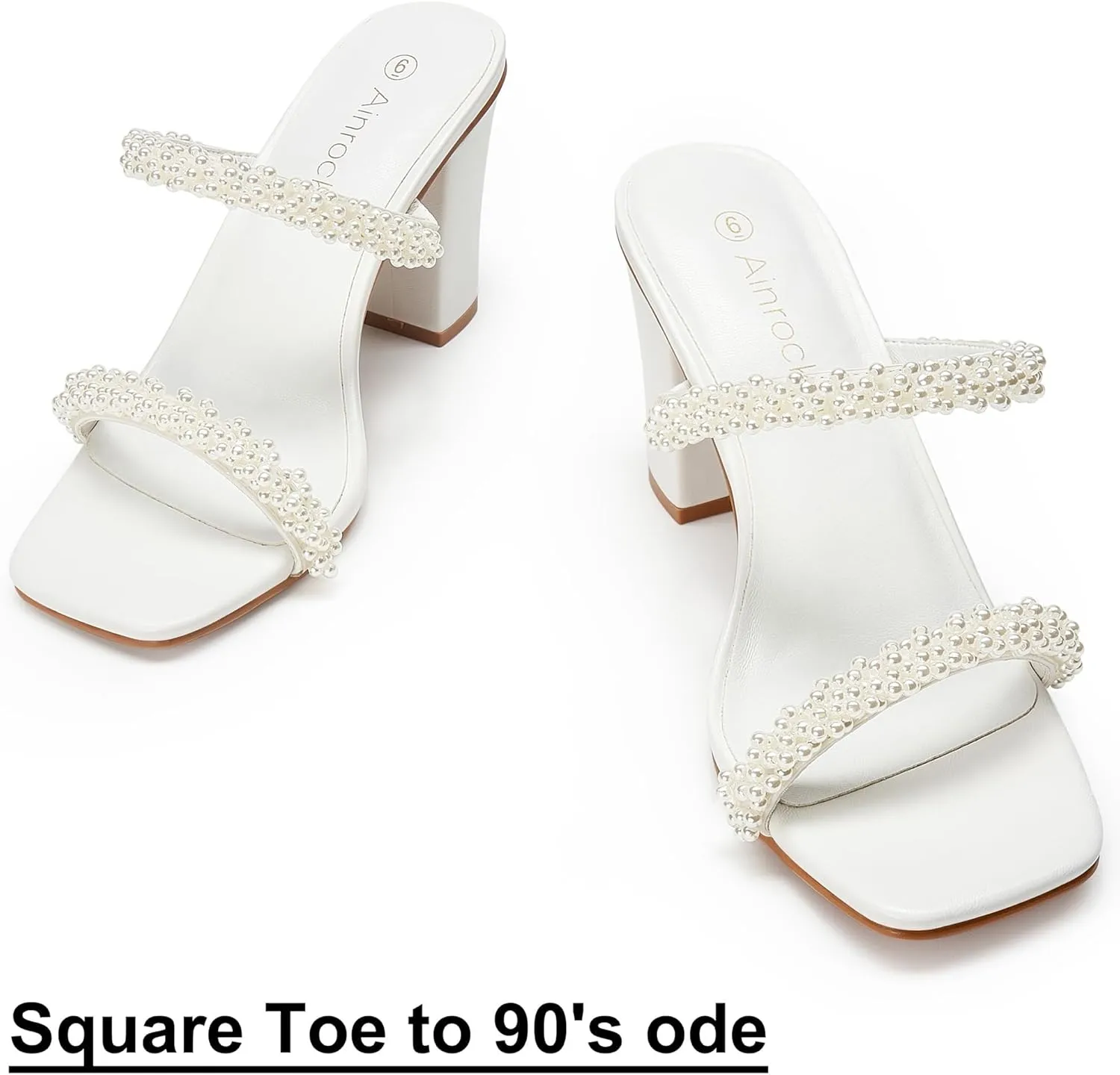 Women's Pearl Heels Chunky Heel Square Toe Two Strap Slip On Block 3.1 Inch Heeled Sandals for Wedding Dress