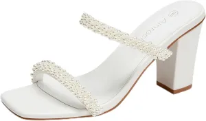 Women's Pearl Heels Chunky Heel Square Toe Two Strap Slip On Block 3.1 Inch Heeled Sandals for Wedding Dress