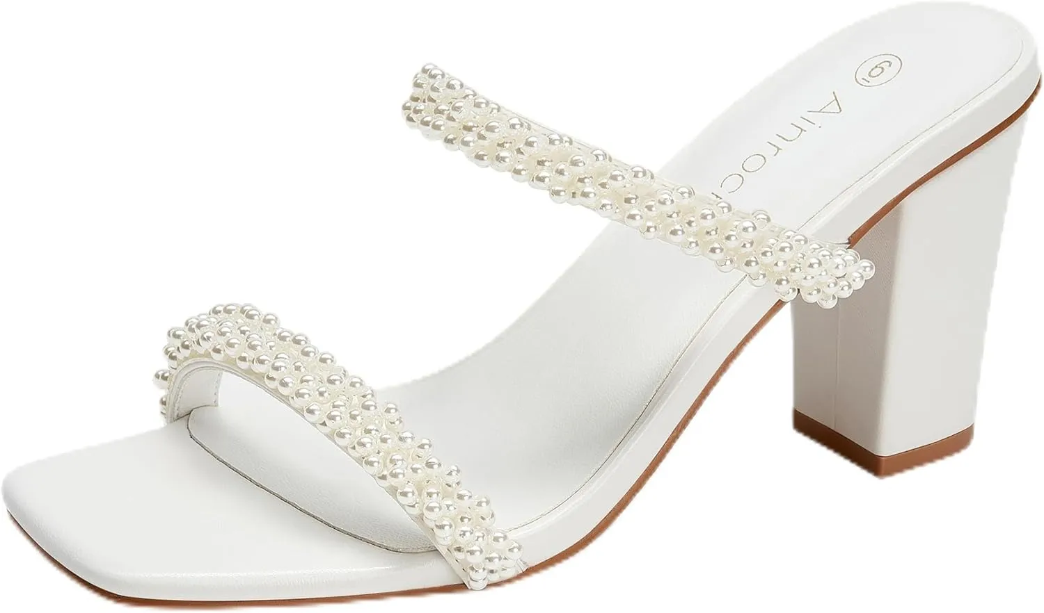 Women's Pearl Heels Chunky Heel Square Toe Two Strap Slip On Block 3.1 Inch Heeled Sandals for Wedding Dress
