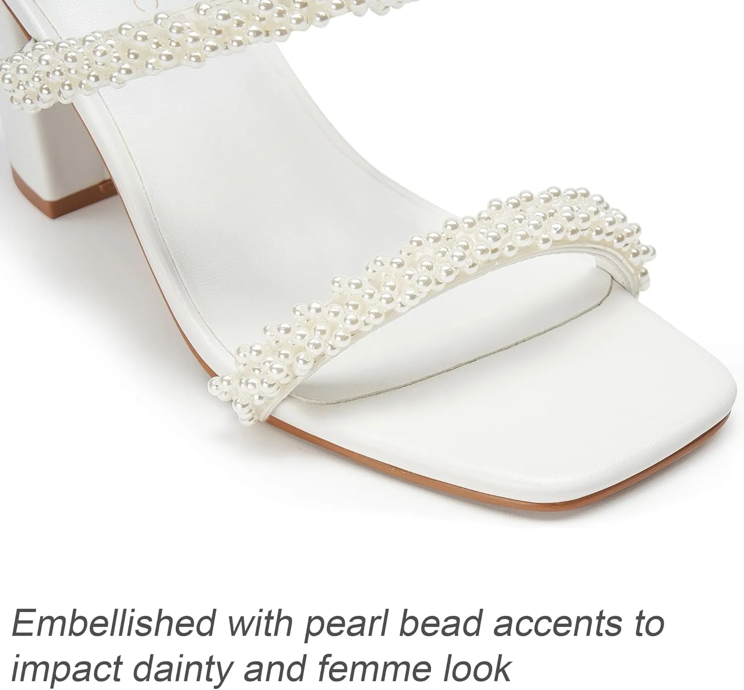Women's Pearl Heels Chunky Heel Square Toe Two Strap Slip On Block 3.1 Inch Heeled Sandals for Wedding Dress