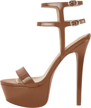 Women's Platform Stilettos Ankle Straps Buckles Round Toe Heels Sandals