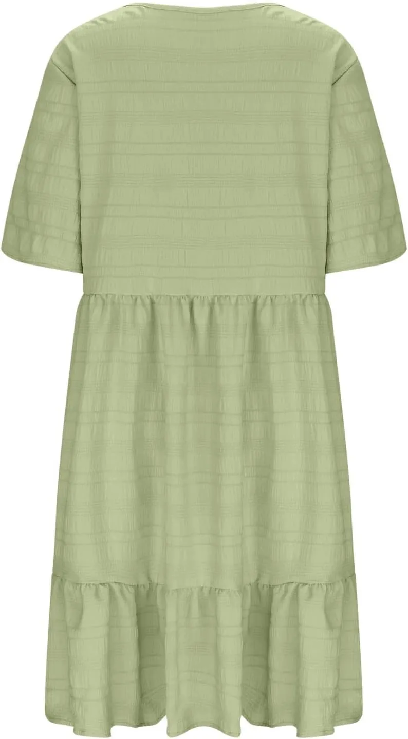 Womens Plus Size Mini Dress Pleated Patchwork Dresses Short Sleeve Crewneck Sundress Beach Wedding Guest Clothes 2025