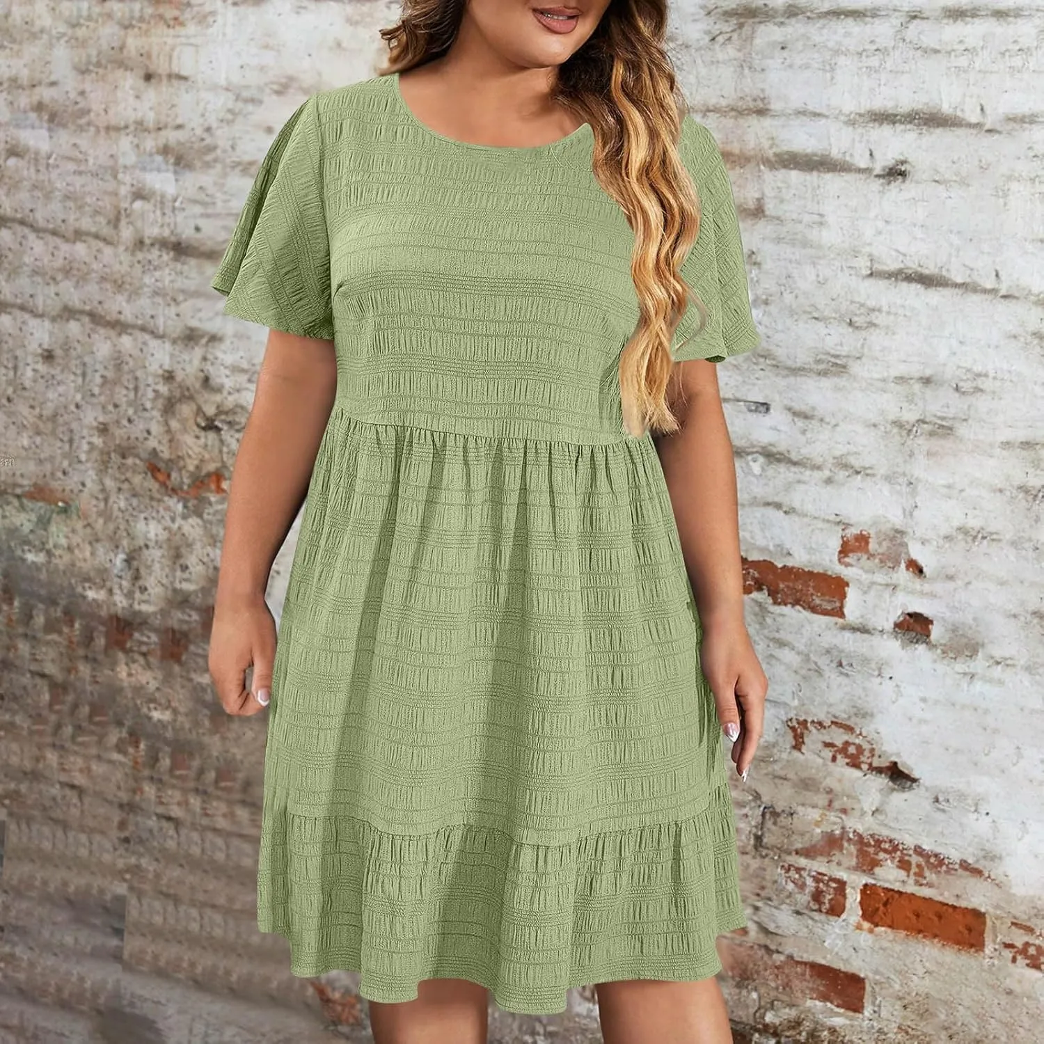 Womens Plus Size Mini Dress Pleated Patchwork Dresses Short Sleeve Crewneck Sundress Beach Wedding Guest Clothes 2025