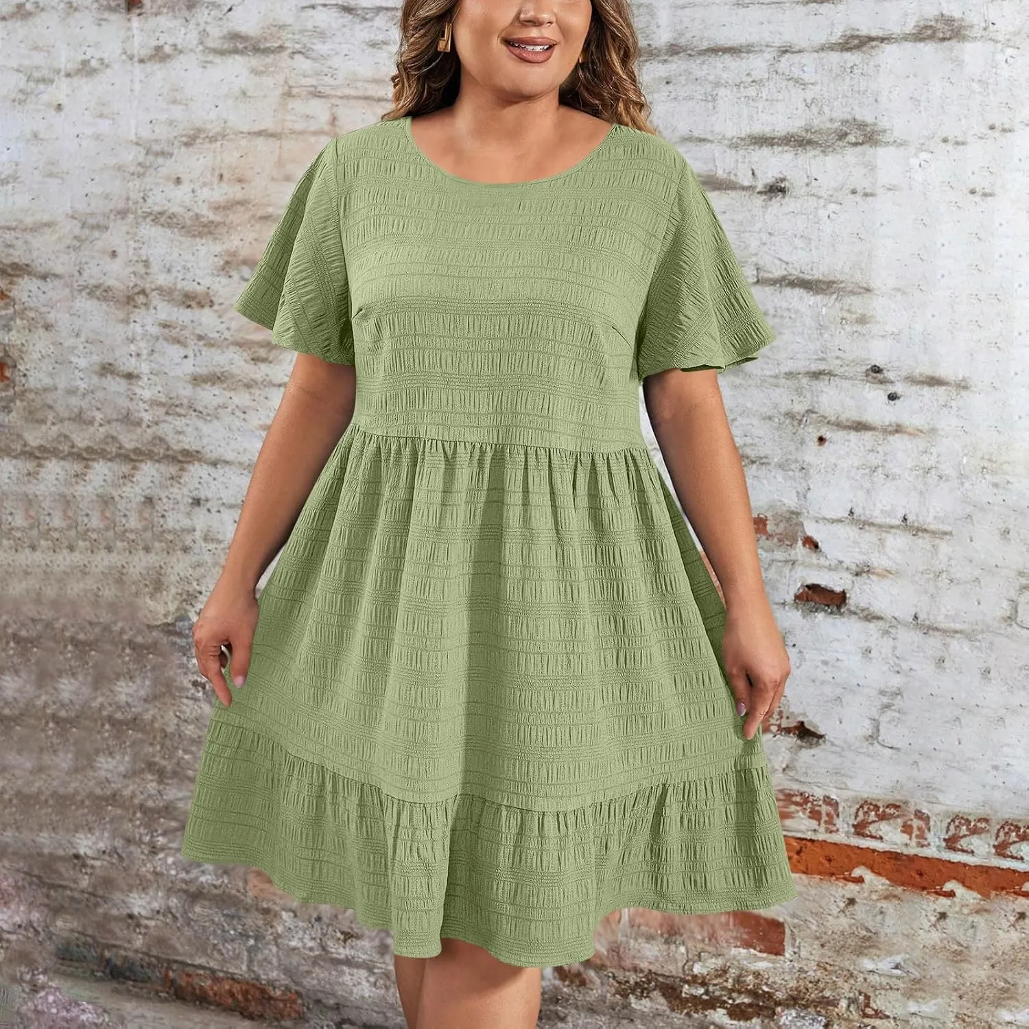 Womens Plus Size Mini Dress Pleated Patchwork Dresses Short Sleeve Crewneck Sundress Beach Wedding Guest Clothes 2025