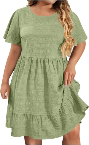 Womens Plus Size Mini Dress Pleated Patchwork Dresses Short Sleeve Crewneck Sundress Beach Wedding Guest Clothes 2025