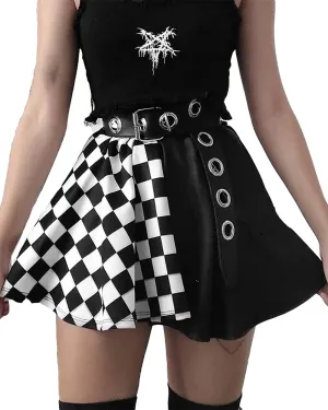 Womens Punk Gothic Plaid Solid Color Patchwork Skirt A Line Mini Skirts Summer Kawaii Cute Skirts Y2k Streetwear
