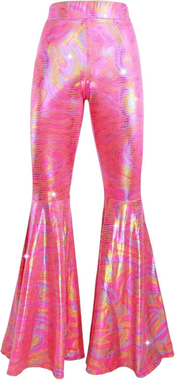 Womens Sequin Flare Pant Sparkly High Waisted Leg Bell Bottom Glitter Trousers Night Out Clubwear