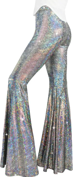 Womens Sequin Flare Pant Sparkly High Waisted Leg Bell Bottom Glitter Trousers Night Out Clubwear