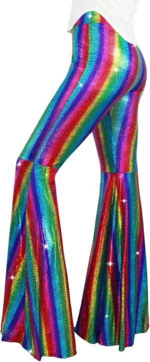 Womens Sequin Flare Pant Sparkly High Waisted Leg Bell Bottom Glitter Trousers Night Out Clubwear
