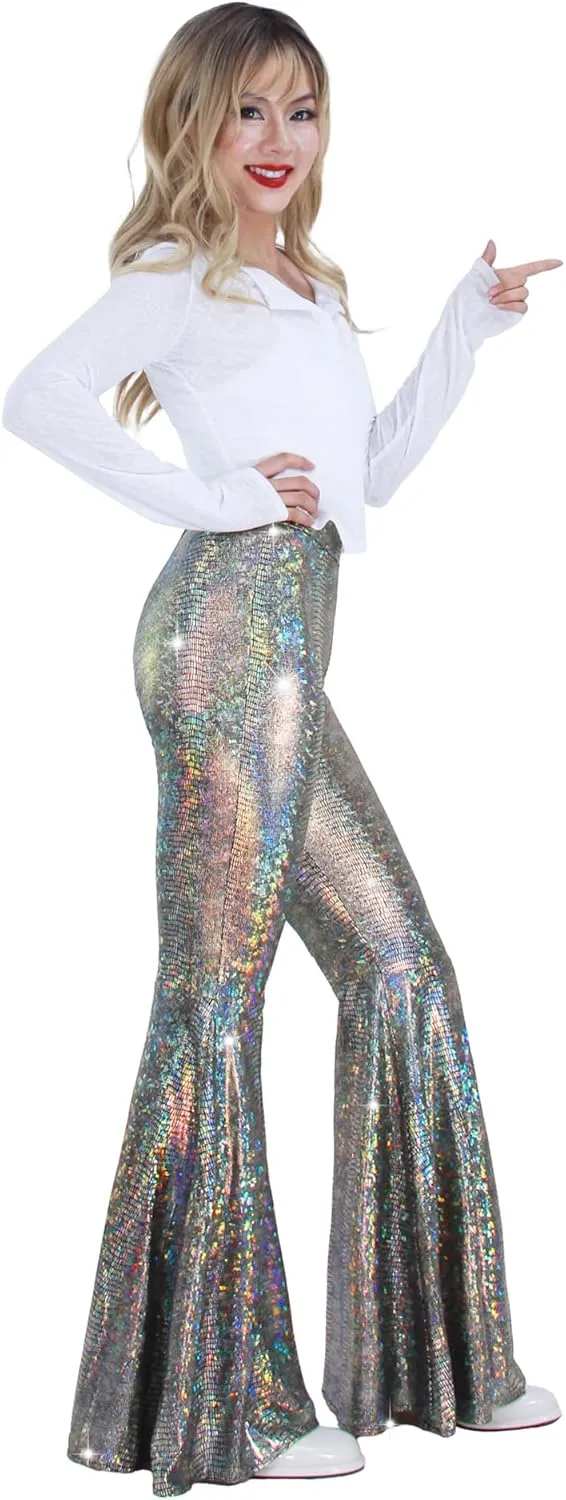 Womens Sequin Flare Pant Sparkly High Waisted Leg Bell Bottom Glitter Trousers Night Out Clubwear
