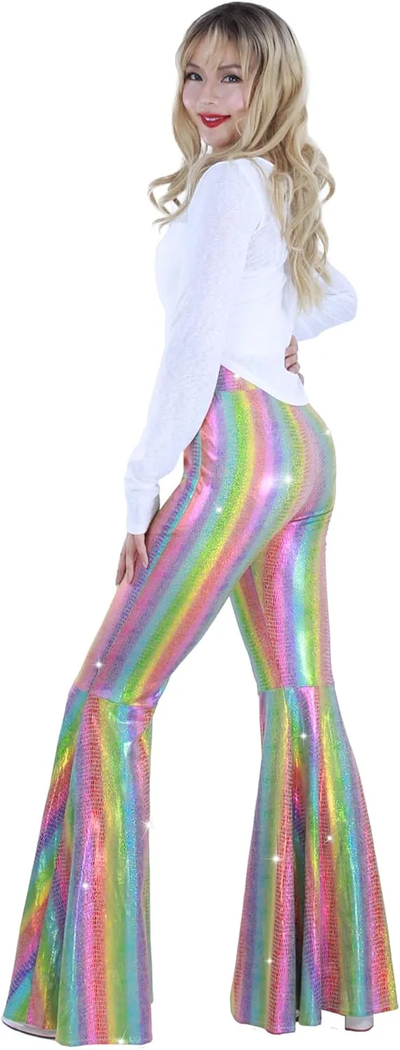 Womens Sequin Flare Pant Sparkly High Waisted Leg Bell Bottom Glitter Trousers Night Out Clubwear