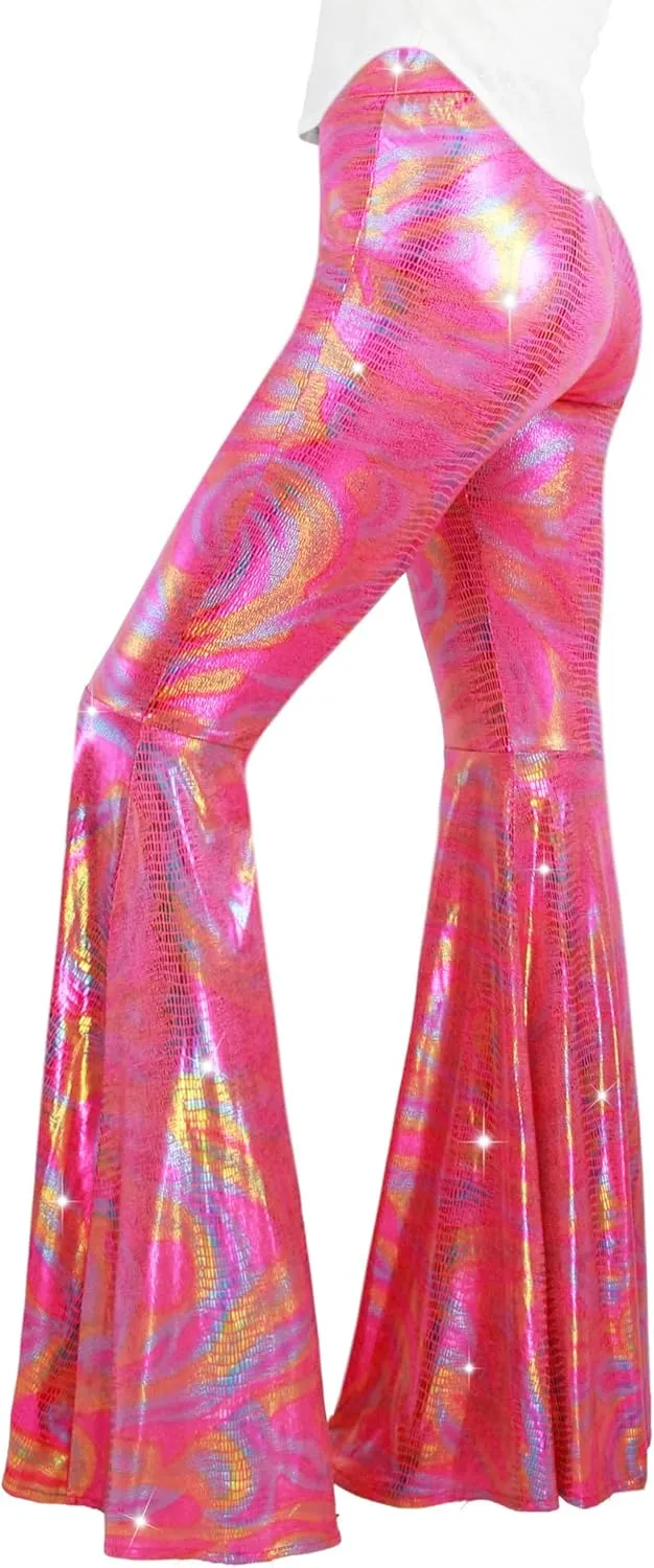 Womens Sequin Flare Pant Sparkly High Waisted Leg Bell Bottom Glitter Trousers Night Out Clubwear