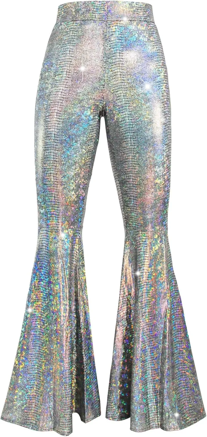 Womens Sequin Flare Pant Sparkly High Waisted Leg Bell Bottom Glitter Trousers Night Out Clubwear