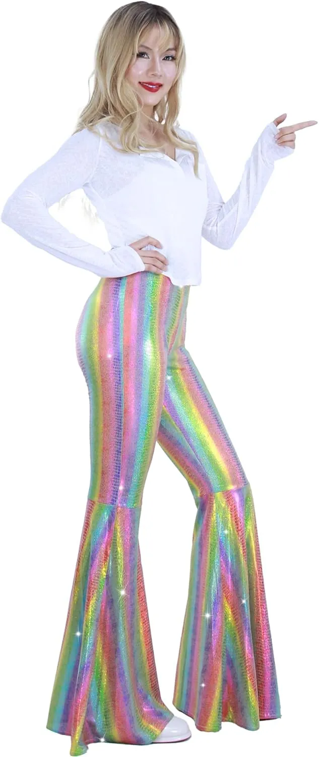 Womens Sequin Flare Pant Sparkly High Waisted Leg Bell Bottom Glitter Trousers Night Out Clubwear