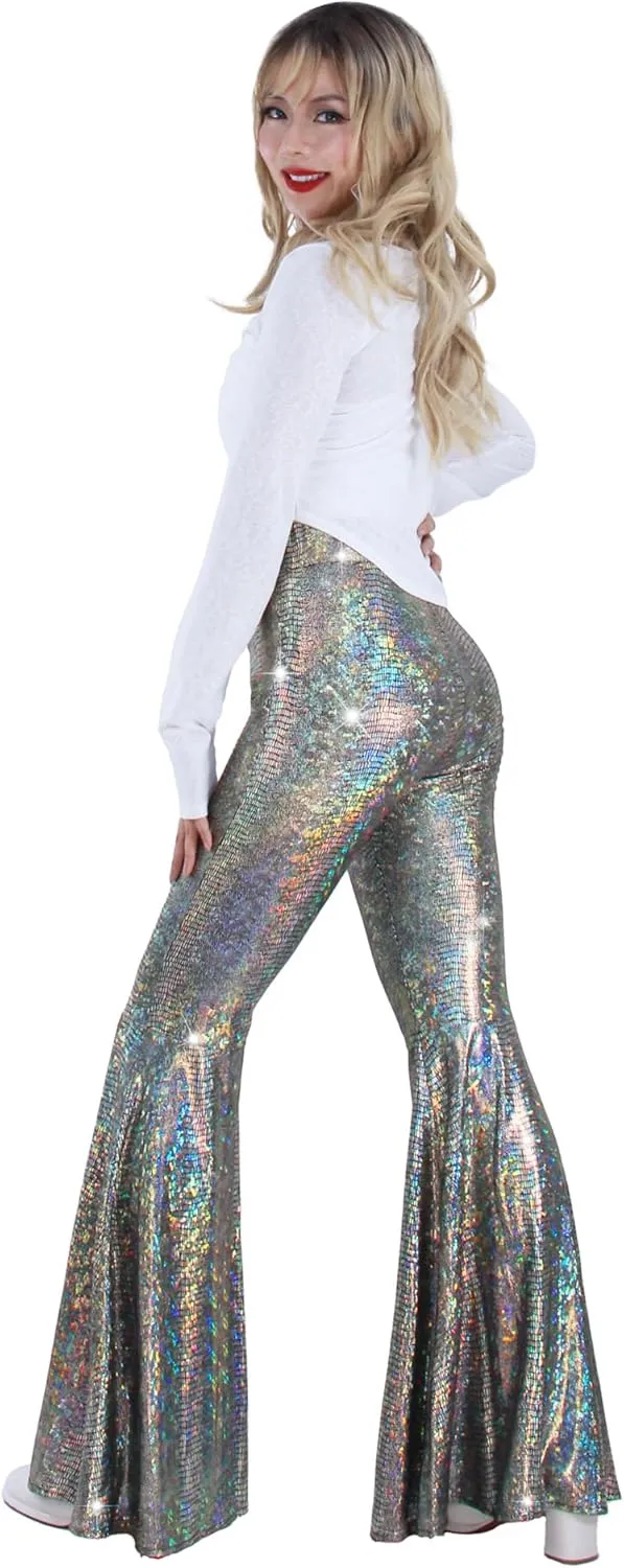 Womens Sequin Flare Pant Sparkly High Waisted Leg Bell Bottom Glitter Trousers Night Out Clubwear