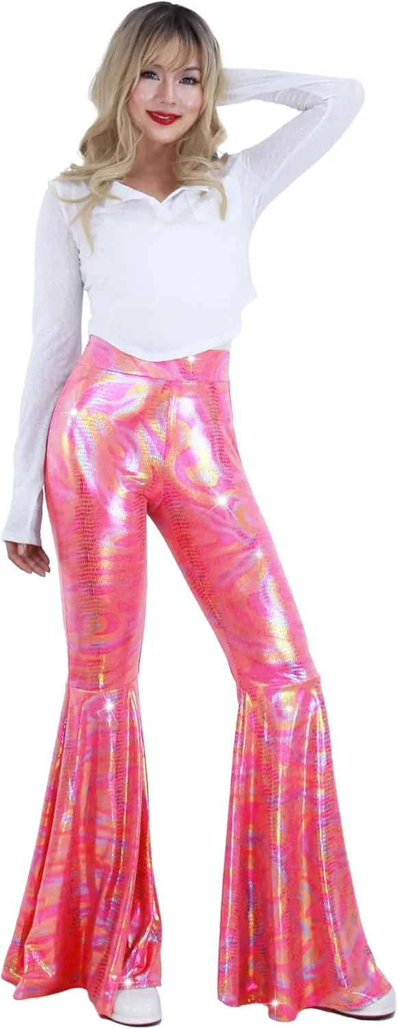 Womens Sequin Flare Pant Sparkly High Waisted Leg Bell Bottom Glitter Trousers Night Out Clubwear