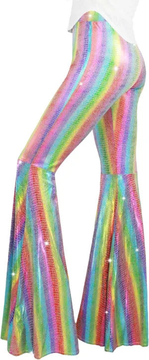 Womens Sequin Flare Pant Sparkly High Waisted Leg Bell Bottom Glitter Trousers Night Out Clubwear