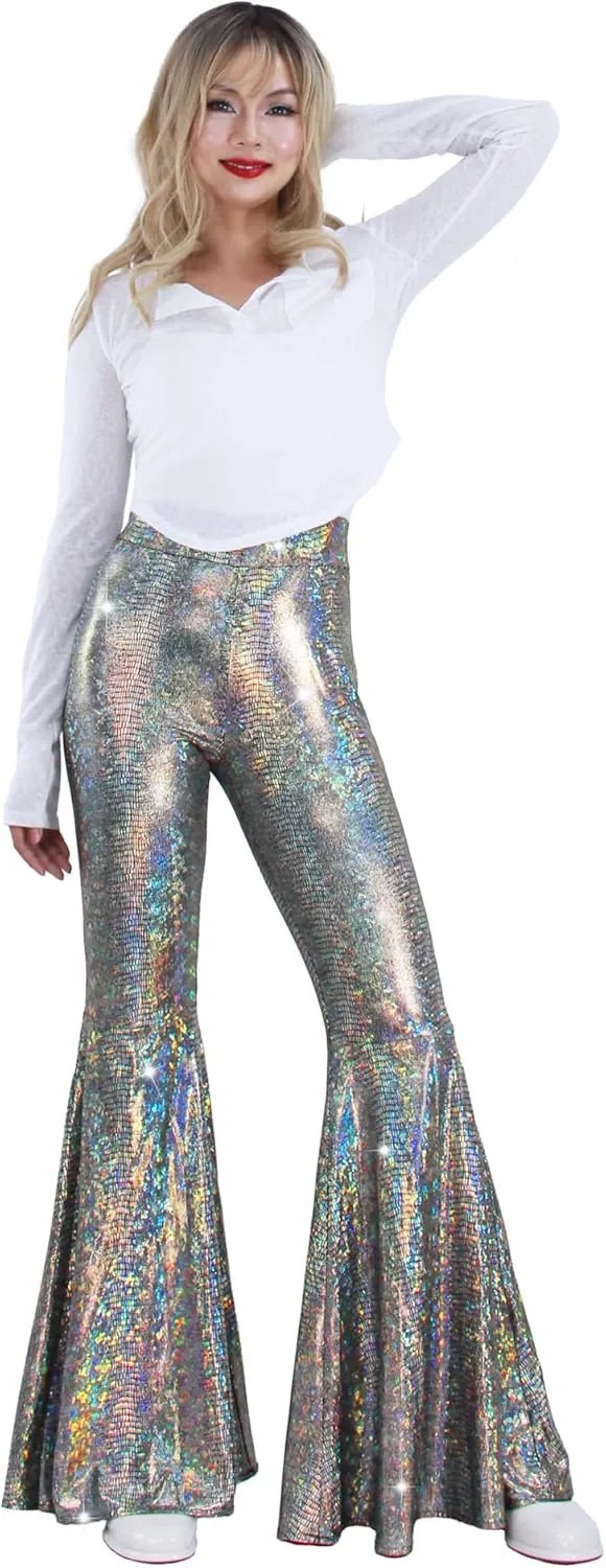 Womens Sequin Flare Pant Sparkly High Waisted Leg Bell Bottom Glitter Trousers Night Out Clubwear