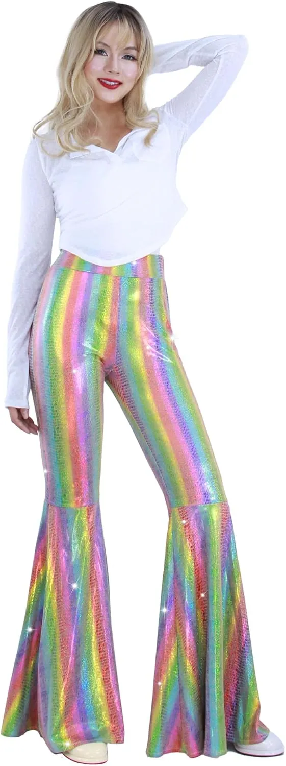 Womens Sequin Flare Pant Sparkly High Waisted Leg Bell Bottom Glitter Trousers Night Out Clubwear