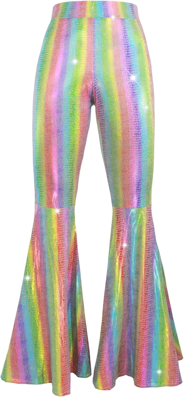 Womens Sequin Flare Pant Sparkly High Waisted Leg Bell Bottom Glitter Trousers Night Out Clubwear