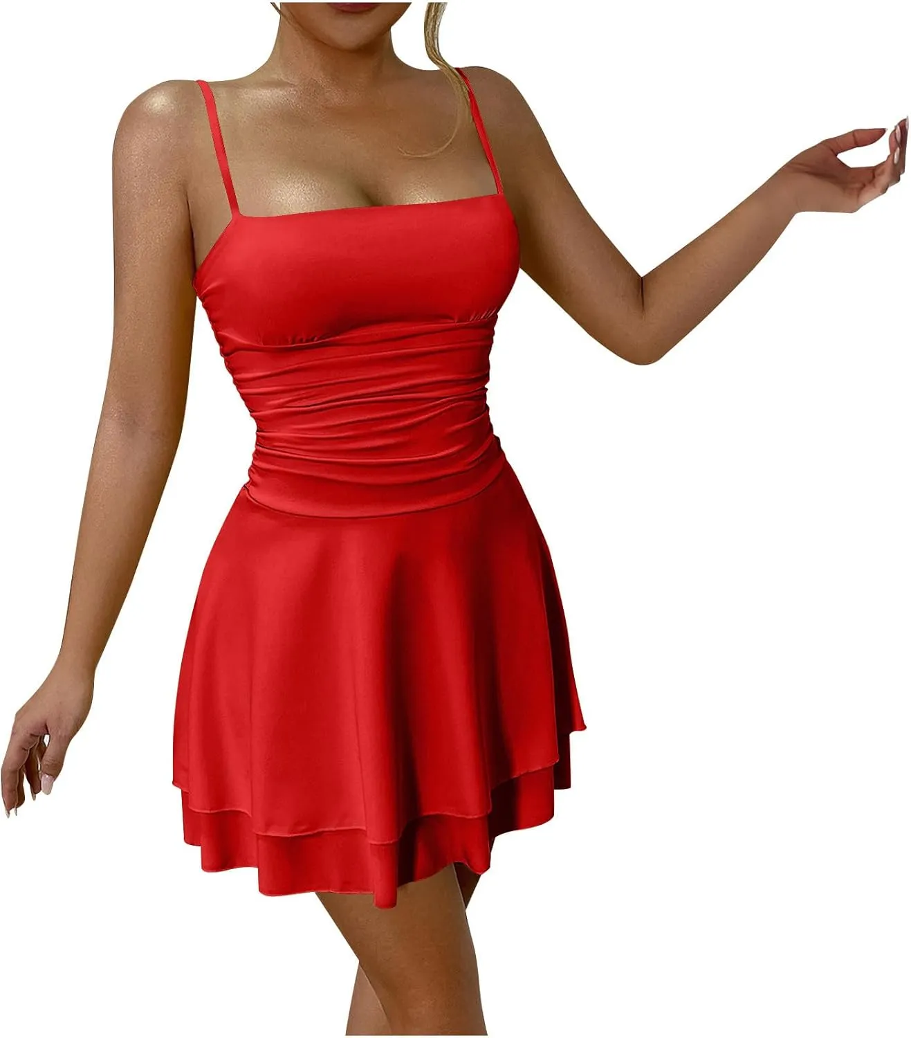 Women's Sexy Sleeveless Cami Mini Dress Summer Backless Double Layer Short Dresses Ruched Cocktail Party A Line Dress