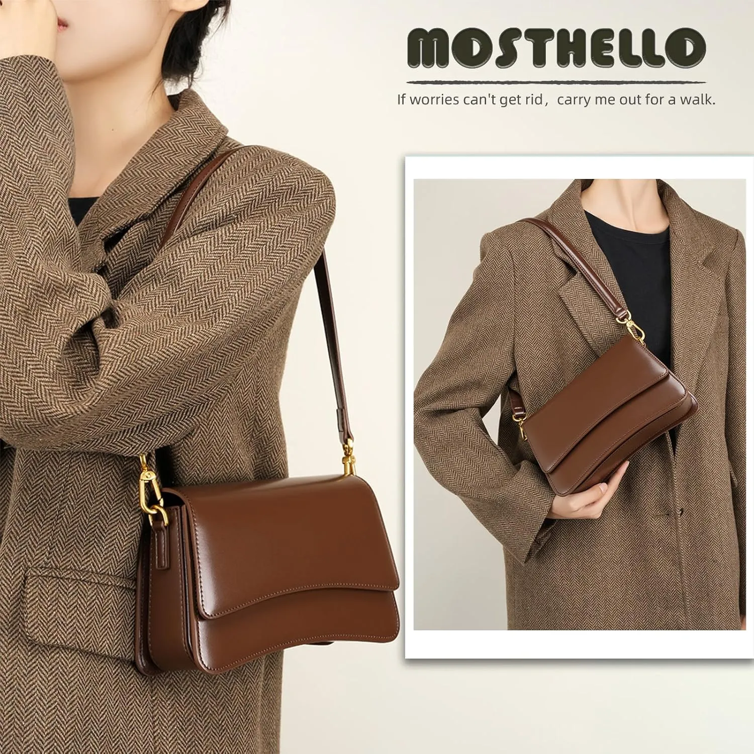 women's shoulder bag, cowhide crossbody bag, vintage leather crossbody bag, armpit bag, adjustable strap bag