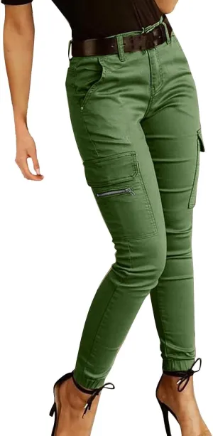 Womens Skinny Cargo Jeans with Pockets Mid Waist Flap Pocket Motorcycle Western Cowgirl Trousers Slim Fit Denim Pants