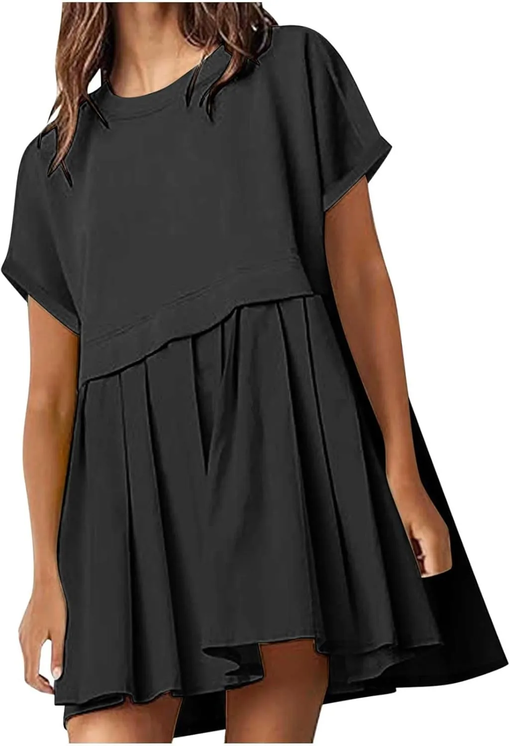 Womens Solid Cute Pleated Dress Patchwork Casual Short Sleeve Blouse Loose Oversized Summer Mini Dress Shirt Dress