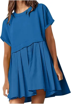 Womens Solid Cute Pleated Dress Patchwork Casual Short Sleeve Blouse Loose Oversized Summer Mini Dress Shirt Dress