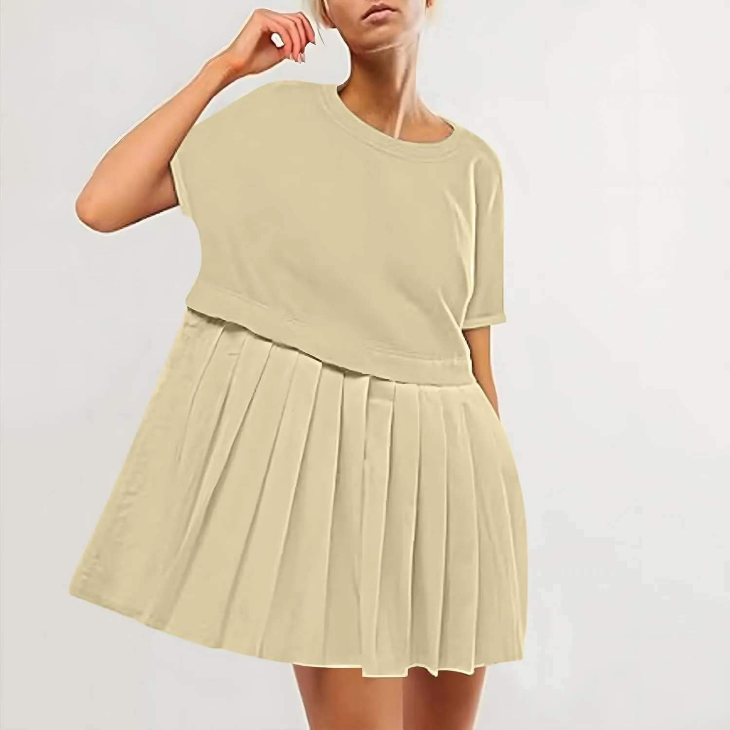 Womens Solid Cute Pleated Dress Patchwork Casual Short Sleeve Blouse Loose Oversized Summer Mini Dress Shirt Dress