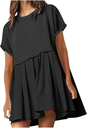 Womens Solid Cute Pleated Dress Patchwork Casual Short Sleeve Blouse Loose Oversized Summer Mini Dress Shirt Dress