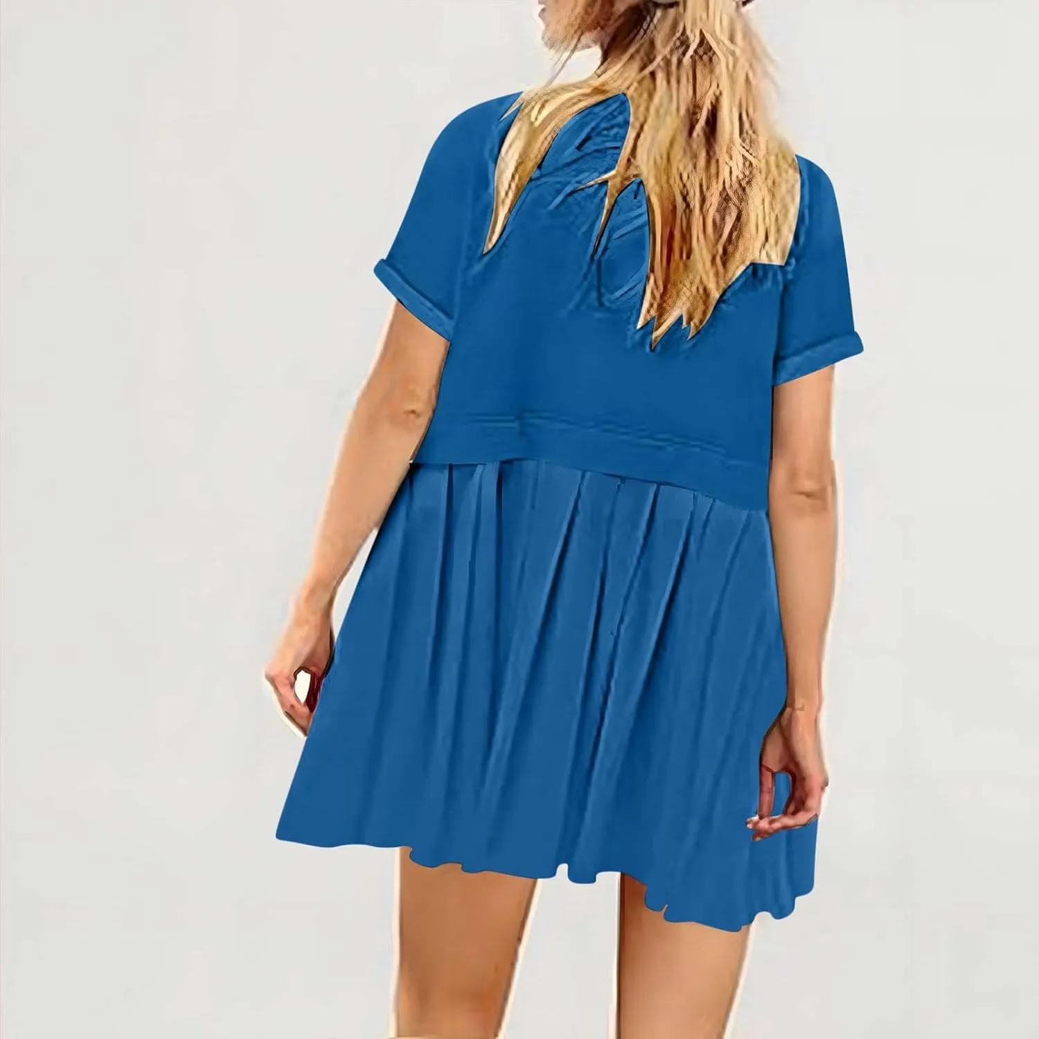 Womens Solid Cute Pleated Dress Patchwork Casual Short Sleeve Blouse Loose Oversized Summer Mini Dress Shirt Dress