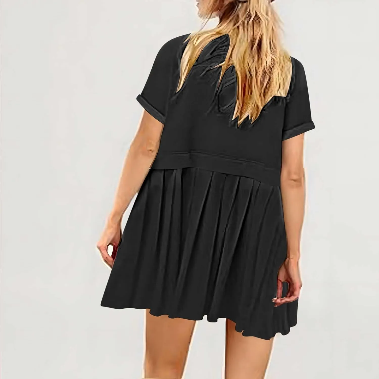 Womens Solid Cute Pleated Dress Patchwork Casual Short Sleeve Blouse Loose Oversized Summer Mini Dress Shirt Dress