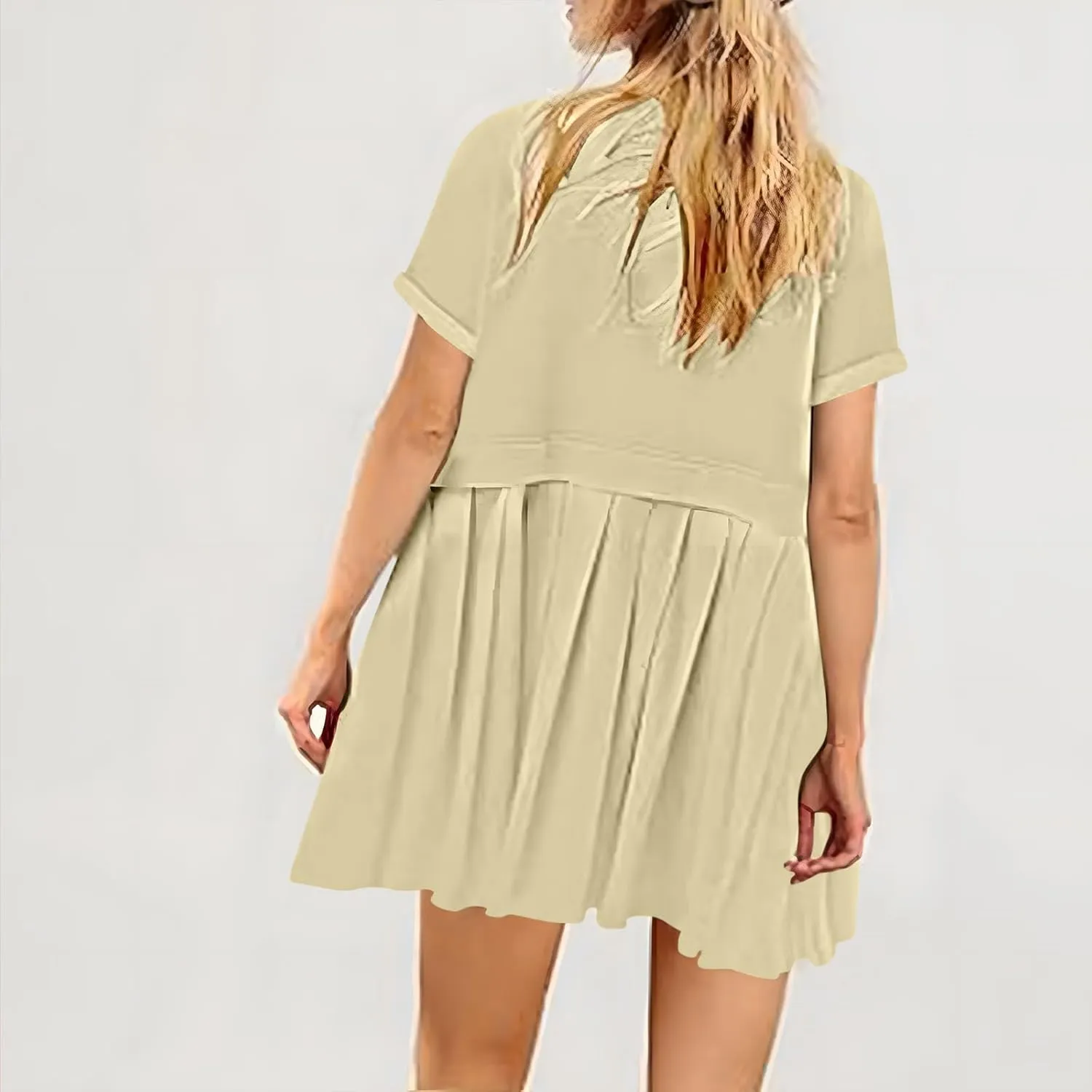 Womens Solid Cute Pleated Dress Patchwork Casual Short Sleeve Blouse Loose Oversized Summer Mini Dress Shirt Dress