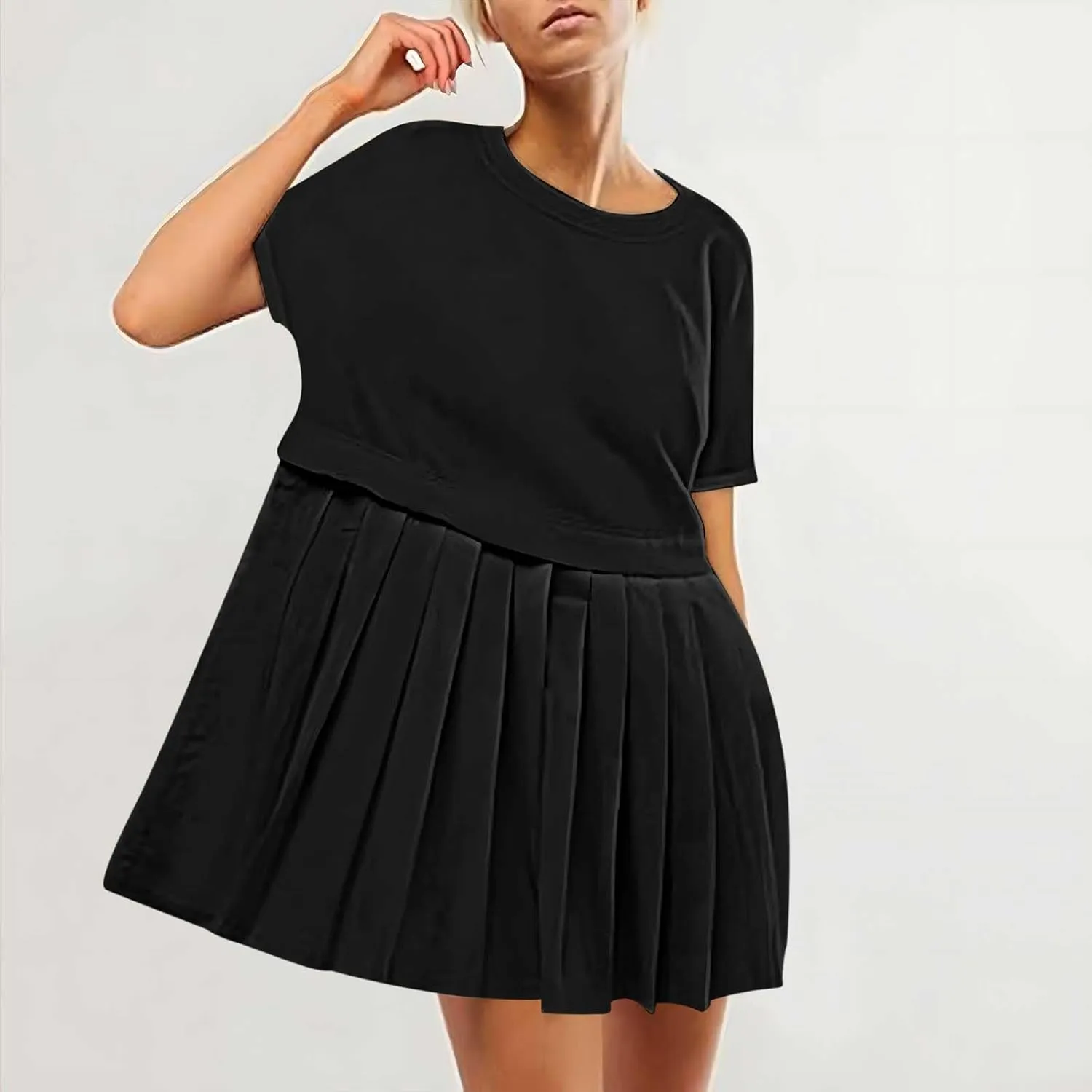 Womens Solid Cute Pleated Dress Patchwork Casual Short Sleeve Blouse Loose Oversized Summer Mini Dress Shirt Dress