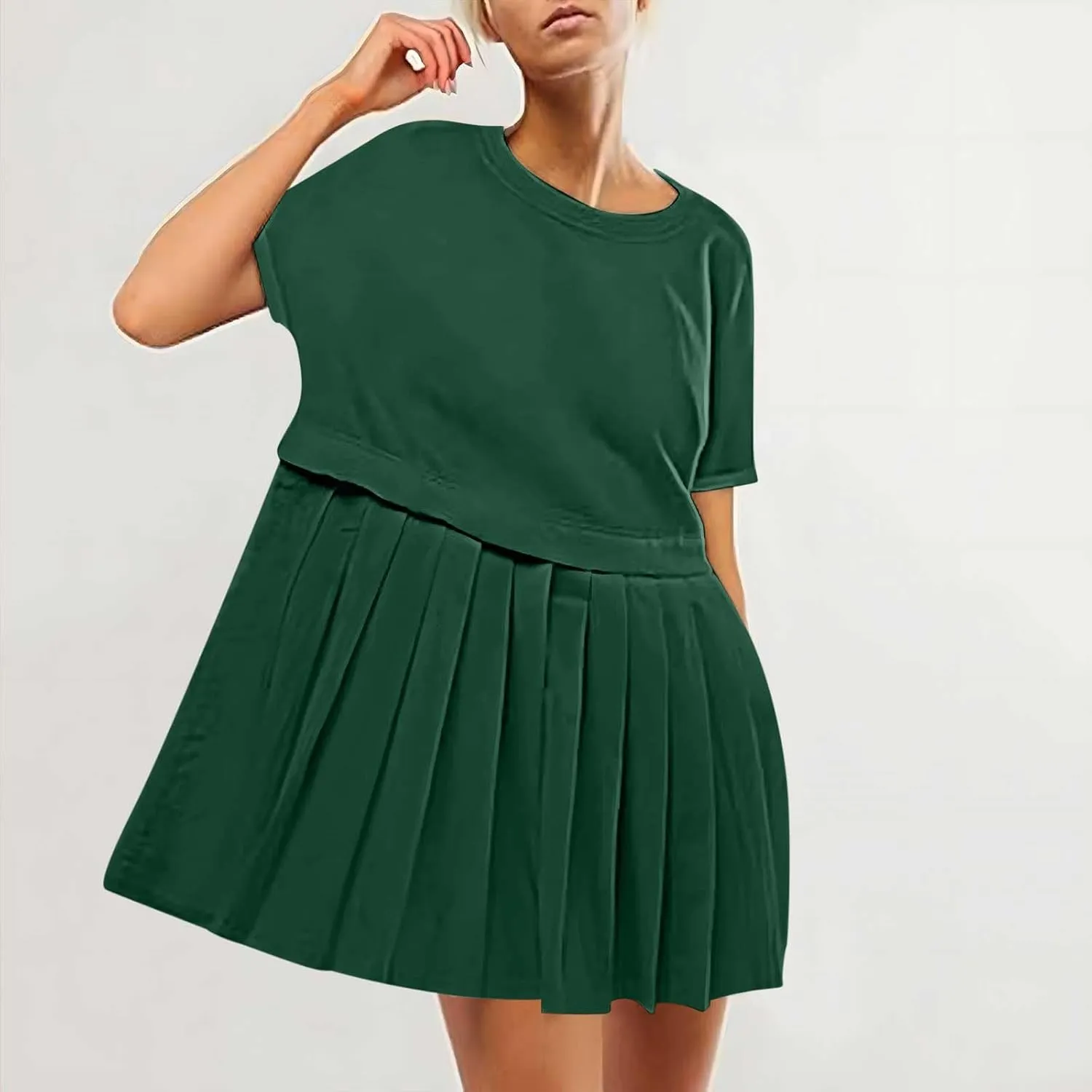 Womens Solid Cute Pleated Dress Patchwork Casual Short Sleeve Blouse Loose Oversized Summer Mini Dress Shirt Dress