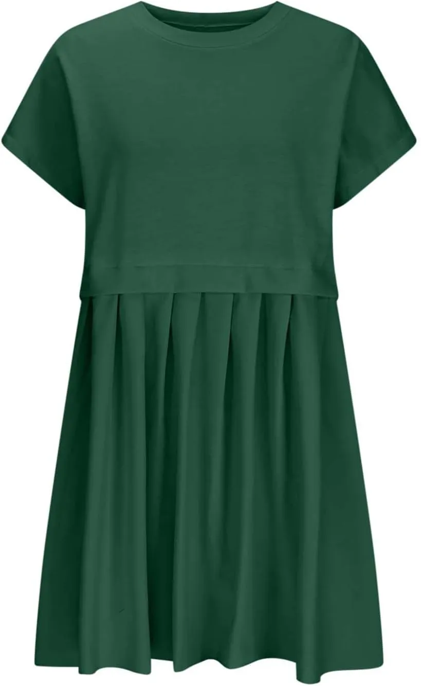 Womens Solid Cute Pleated Dress Patchwork Casual Short Sleeve Blouse Loose Oversized Summer Mini Dress Shirt Dress