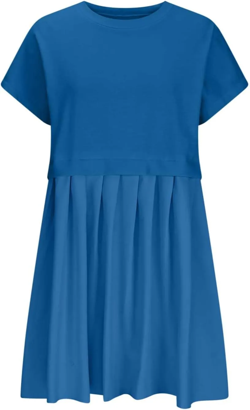 Womens Solid Cute Pleated Dress Patchwork Casual Short Sleeve Blouse Loose Oversized Summer Mini Dress Shirt Dress