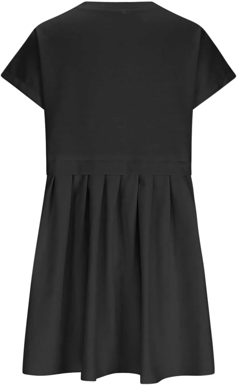 Womens Solid Cute Pleated Dress Patchwork Casual Short Sleeve Blouse Loose Oversized Summer Mini Dress Shirt Dress