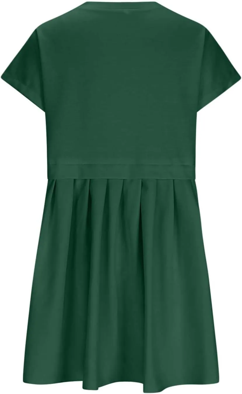 Womens Solid Cute Pleated Dress Patchwork Casual Short Sleeve Blouse Loose Oversized Summer Mini Dress Shirt Dress