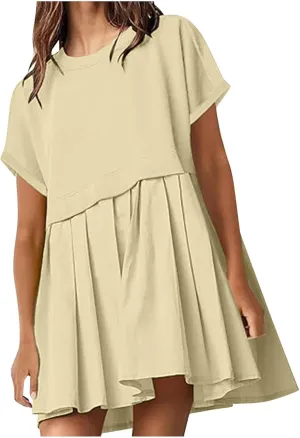 Womens Solid Cute Pleated Dress Patchwork Casual Short Sleeve Blouse Loose Oversized Summer Mini Dress Shirt Dress